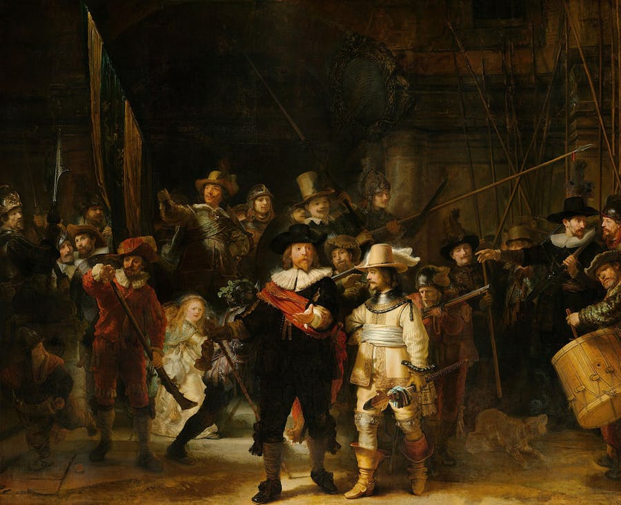 Rembrandt, ‘The Night Watch’, 1642, oil on canvas, 363 cm × 437 cm, permanent loan to the Rijksmuseum, Amsterdam. Photo: Wiki Commons.