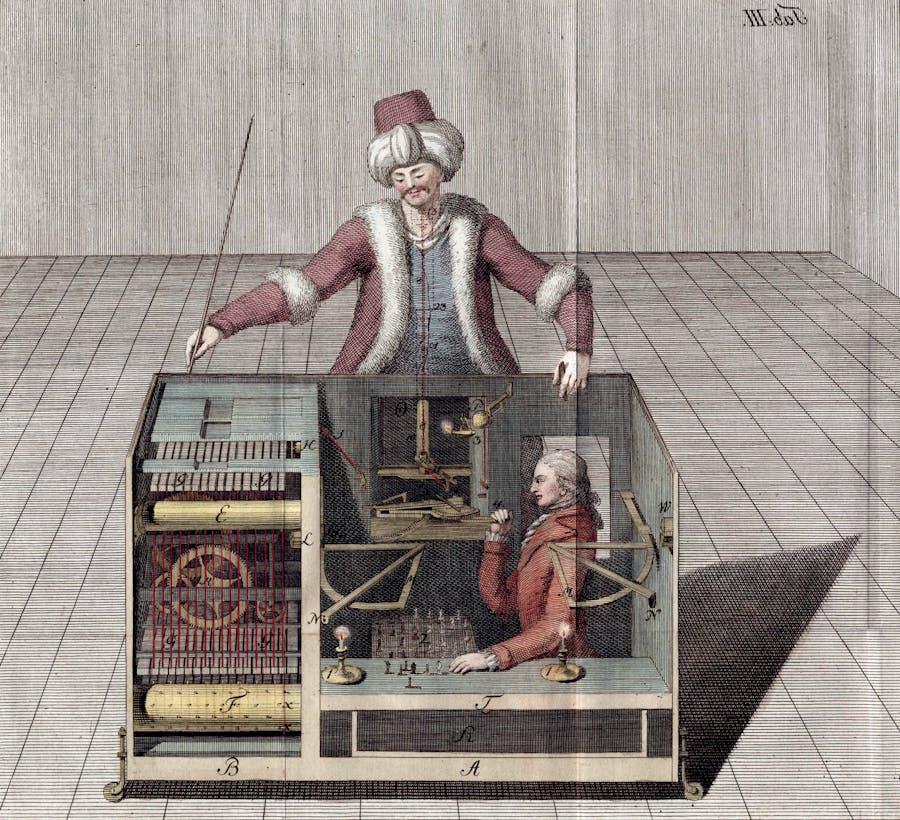 A cross-section of the Turk from Racknitz, showing how he thought the operator sat inside as he played his opponent. Racknitz was wrong both about the position of the operator and the dimensions of the automaton. Public domain image