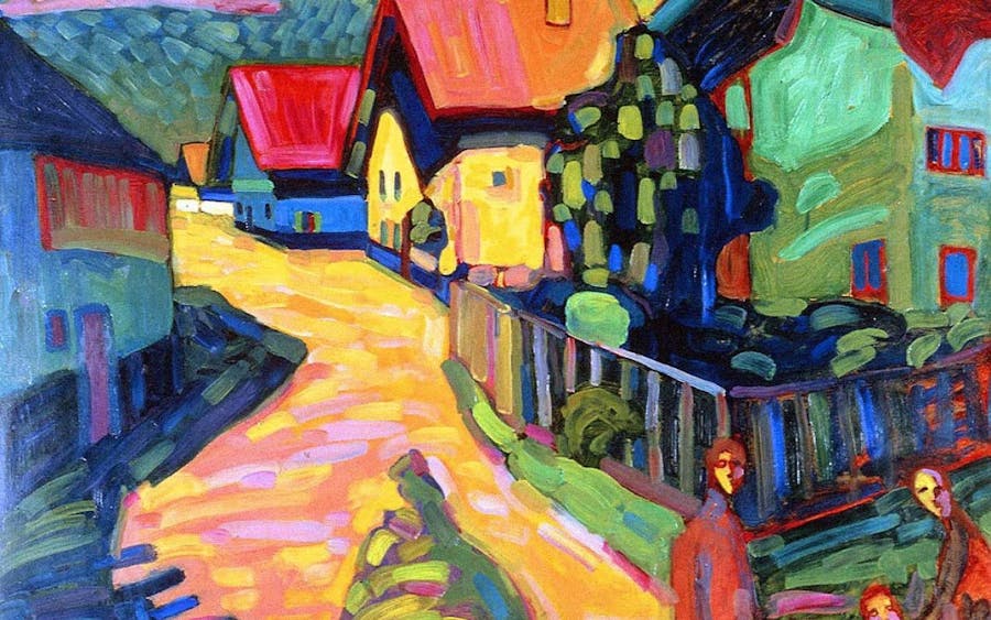 Wassily Kandinsky, Murnau, Strada con due donne, 1908, olio su cartone, 71 x 97 cm, collezione privata. Foto di pubblico dominio