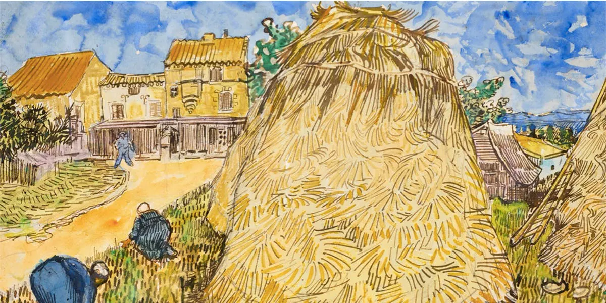 Vincent van Gogh (1853-1890), Meules de blé, Arles, giugno 1888, tempera, acquerello, penna e pennello e inchiostro nero su matita su carta, 48,5 x 60,4 cm. Immagine © Christie's (dettaglio) 