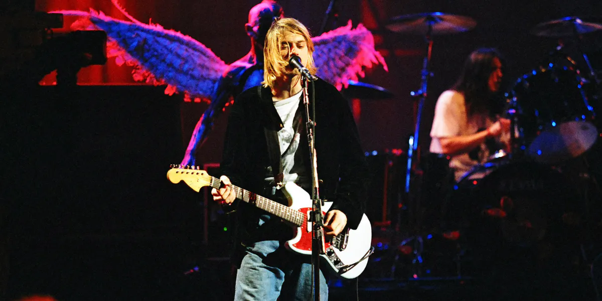 Kurt Cobain performs live in 1993 with the Fender Mustang that's curretly for sale. Photo © Jeff Kravitz/FilmMagic, Inc/Getty Images