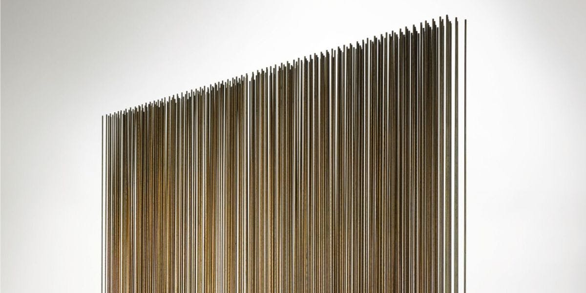 Harry Bertoia, Untitled (Sonambient), circa 1970, five staggered rows of 69 and 67 rods (341 rods total), beryllium copper, brass. Image © Sotheby's (detail)