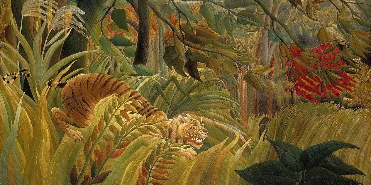 Henri Rousseau, Tigre dans une tempête tropicale (Surpris !) (1891), National Gallery. Image du domaine public (détail)
