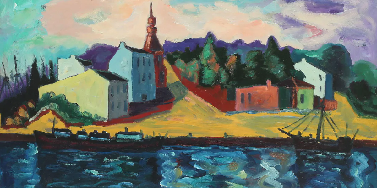 Paavo Sarelli, 'Seinen Rantaa', oljemålning på pannå, signerad -01 även a tergo, 40 x 60. Foto © Auktionskammaren i Vätterbygden (detalj)