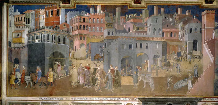 Ambrogio Lorenzetti, Consequences of Good Government in the City, 1338–39, fresco, Sala dei Nove, Palazzo Pubblico, Siena. Image public domain