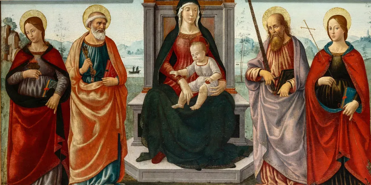 Davide Ghirlandaio (Florence 1452-1525), Madone intronisée et quatre saints (San Pietro, San Paolo, Santa Lucia, Santa Cristina di Bolsena), tempera sur panneau cintré (détail). Photo © Cambi