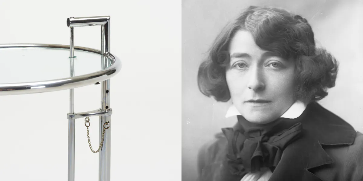 Till vänster: Eileen Grays sidobord 'E-1027' i förkromat stål och glas. Foto © Wright. Till höger: Irländska arkitekten och formgivaren Eileen Gray (1878-1976), 23 oktober 1914. Foto av George C. Beresford/Hulton Archive/Getty Images (detaljer)