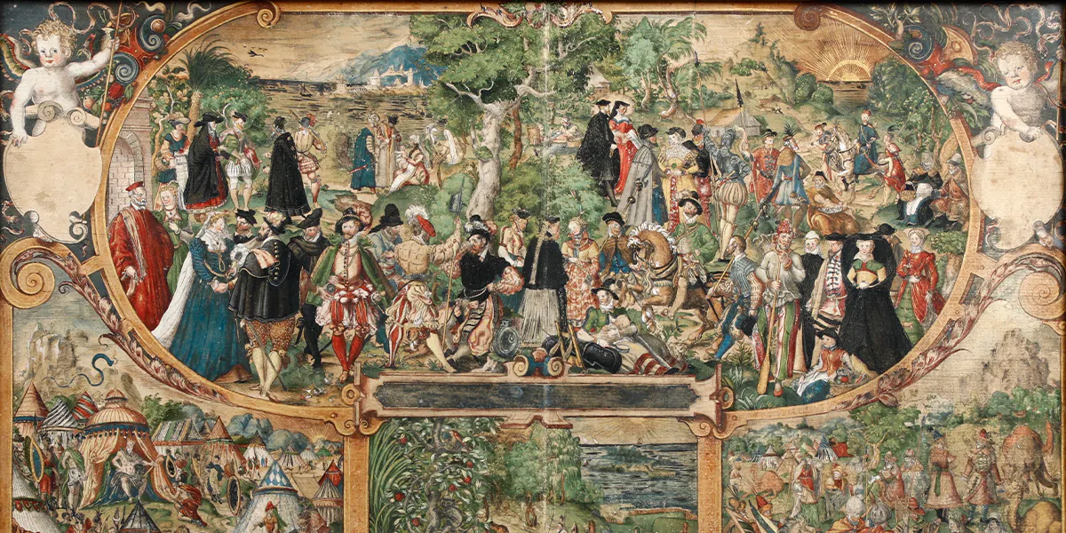 Jost Amman (Zurigo, 1539-Norimberga, 1591), Les quater parties du monde. Bell'esemplare di questa magnifica incisione con coloritura presumibilmente coeva, con inserti di oro e colori brillanti. Al verso della stampa sono presenti numerosi cartigli, con due iscrizioni di antica mano e uno applicato di mano ottocentesca. Stima: 1.500 1.600 euro. Foto © Cambi Casa d'Aste (dettaglio)