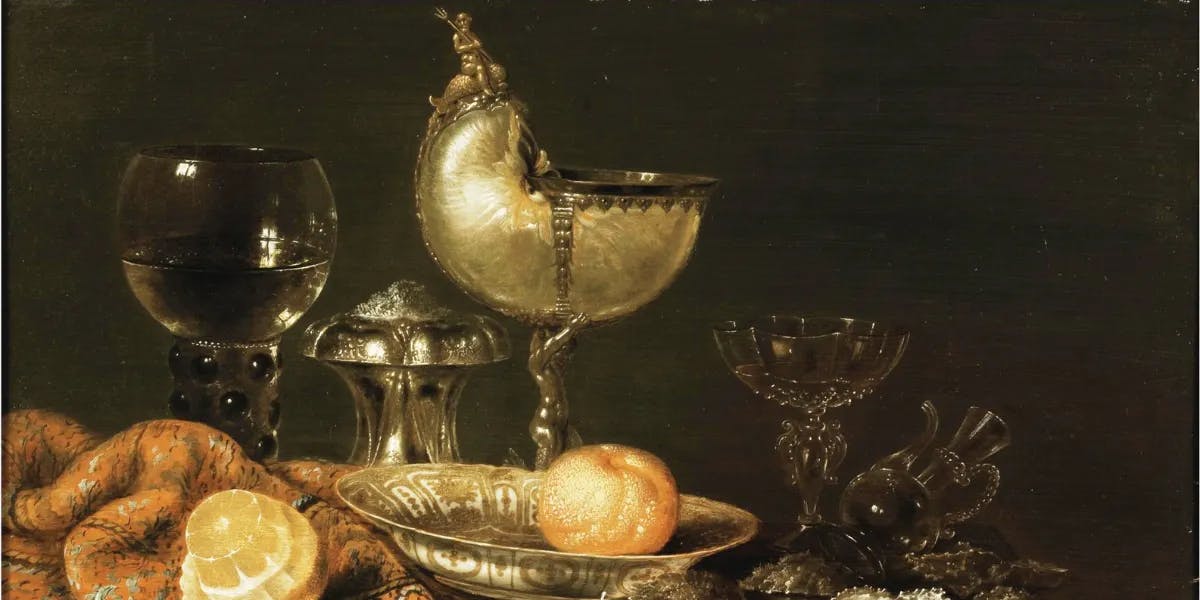 Willem Claesz. Heda, Still life with nautilus cup, salt cellar, roemer, façon de Venise glass and table carpet. Circa 1663, oil on panel. Public domain image (detail)