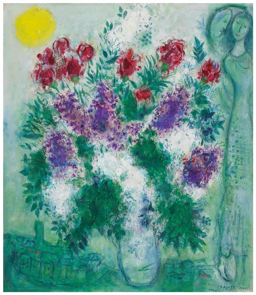 Marc Chagall, Fleurs de Vence or Lilas sur Vence, 1954, oil on canvas. Sold at Christie's in 2018 for $1.2 million. Image © Christie's