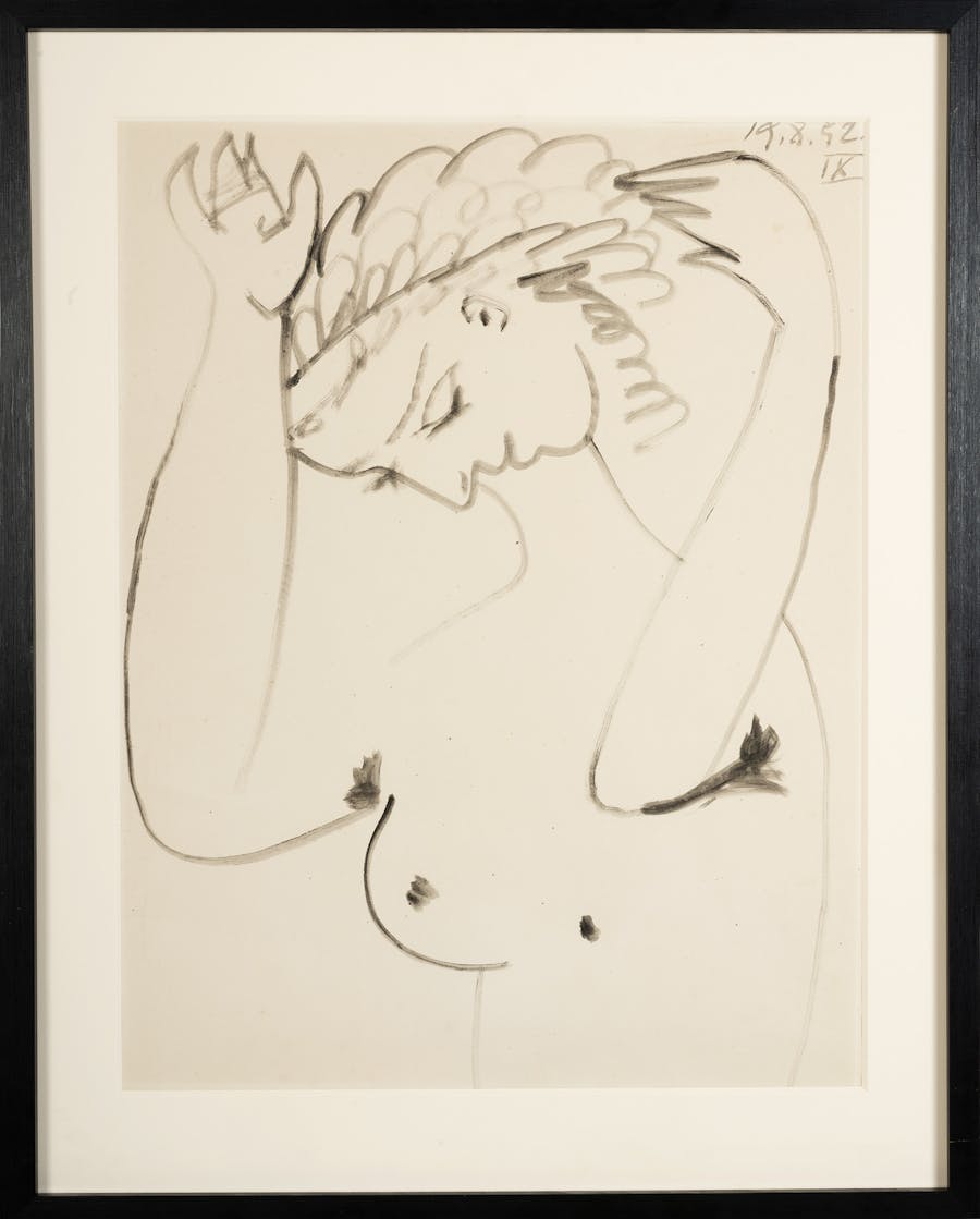 Pablo Picasso (1881-1973), 'Femme Se Coiffant', ink, signed and dated 19/8/52, with an original verso label from Galerie Louise Leiris, Paris, 65.5 x 50.5 cm. Photo © Hallands Auktionsverk