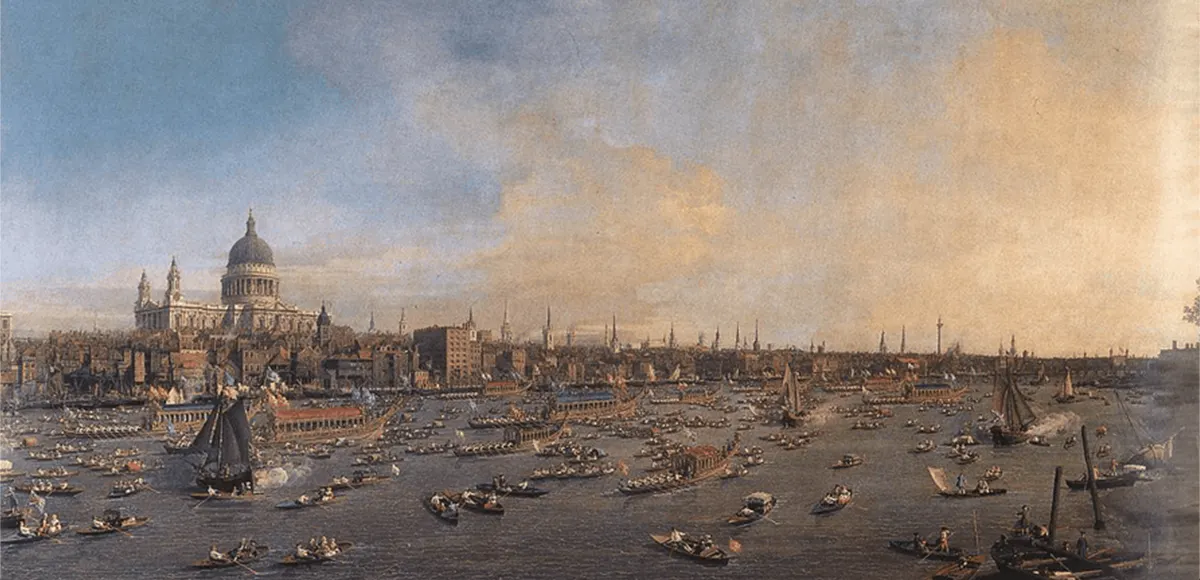 Canaletto, "The River Thames with St. Paul's Cathedral on Lord Mayor's Day", 1746-47, Öl/Lwd. Foto gemeinfrei (Detail)