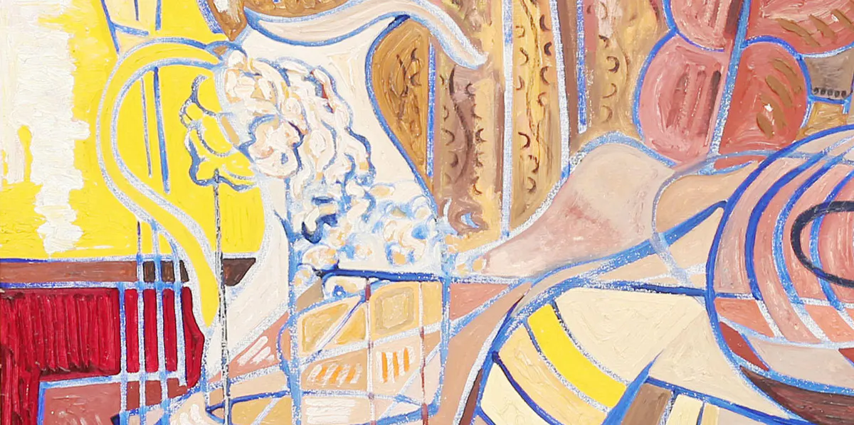 Roger Andersson, komposition med figurer, olja på duk, signerad -75 (detalj). Foto: Auktionskammaren i Vätterbygden