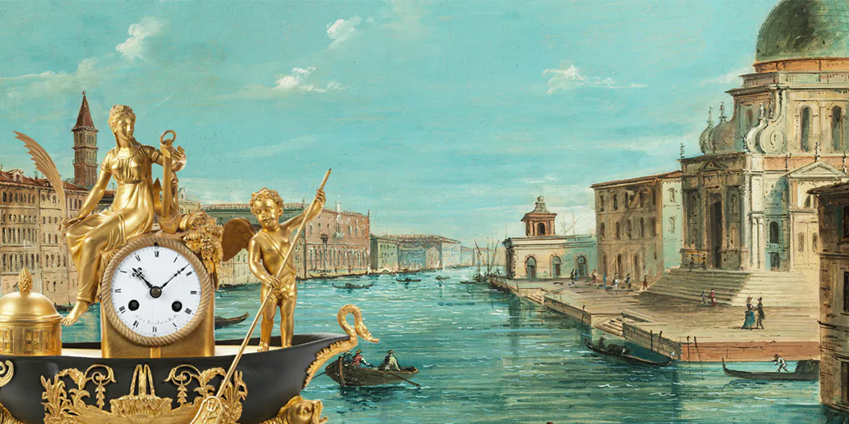 Hintergrund: Marco Grubacs (1839 – 1910), Venedig, Canal Grande mit Santa Maria della Salute und Blick auf die Dogana, Öl/Lwd., 68 x 107 cm. Vordergrund: Gondelpendule auf weißem Marmorsockel, Zifferblatt signiert und ortsbezeichnet „Nicod à Paris, Rue du Bac 16.40“, H: 32,5 cm. Fotos © Hampel (Collage)