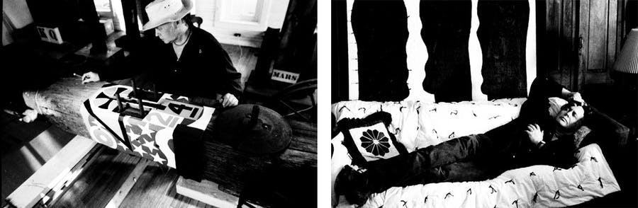 “Robert Indiana Working in Maine” (left), “Robert Indiana Resting in Maine” (right), photographs of Robert Indiana at his home by Charles Rotmil. Public domain photos