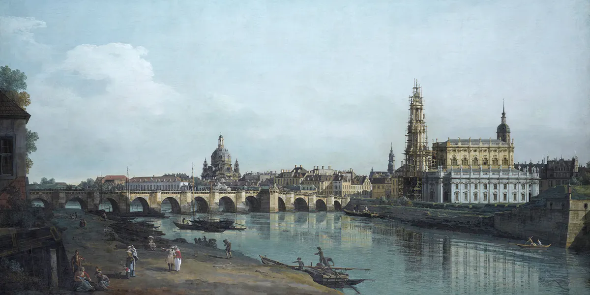 Bernardo Bellotto, gen. Canaletto (1722-1780), Dresden vom rechten Elbufer unterhalb der Augustusbrücke, 1748, Öl/Lwd., 133 × 237 cm, Gemäldegalerie Alte Meister, Dresden. Foto gemeinfrei (Detail)