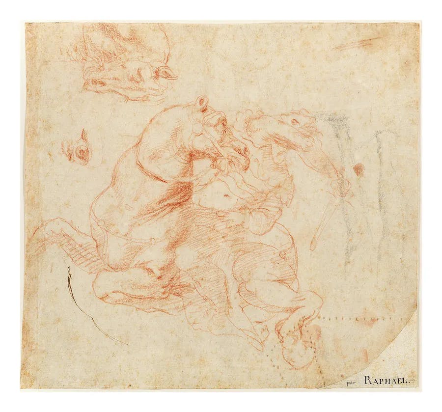 Raffaello Sanzio, detto Raffaello (1483 Urbino - 1520 Roma), Recto: Studio della Battaglia di Ponte Milvio: Cavaliere a cavallo e testa e occhio del cavallo, iscrizione "di RAFFAELLO", matita e penna su carta, 22 x 24 cm. Foto © Dorotheum