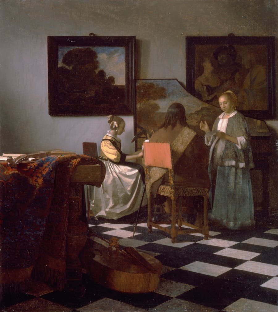 Vermeer's "The Concert" of 1665/66 was stolen from the Isabella Stewart Gardner Museum in Boston in 1990 and has been missing since then. Public domain image