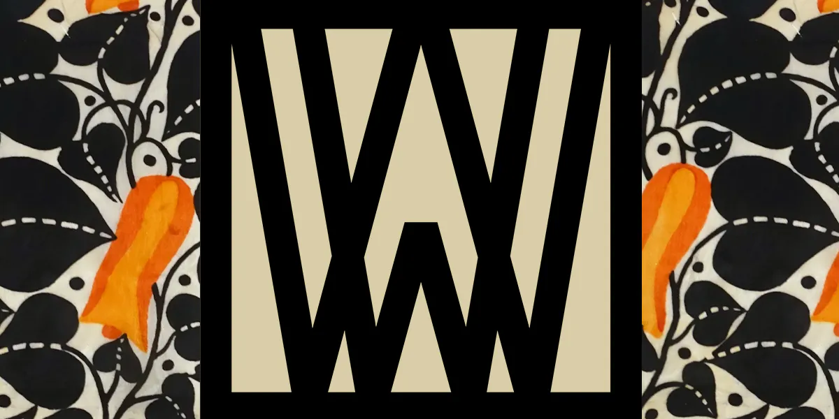 Das Logo der Wiener Werkstätte und der Musterentwurf "Apollo" von Josef Hoffmann für die Wiener Werkstätte, 1910/11. Fotos gemeinfrei (Collage)