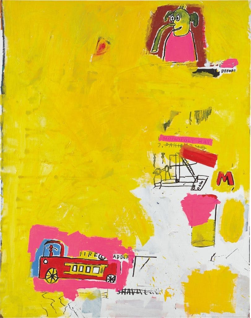 Jean-Michel Basquiat, Pink Elephant with Fire Engine (1984). Image: Phillips.