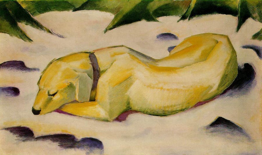 ‘Lying dog in the snow’ from 1910/11 is a representation of Franz Marc by his Siberian shepherd dog Russi, Städel, Frankfurt am Main. Photo public domain