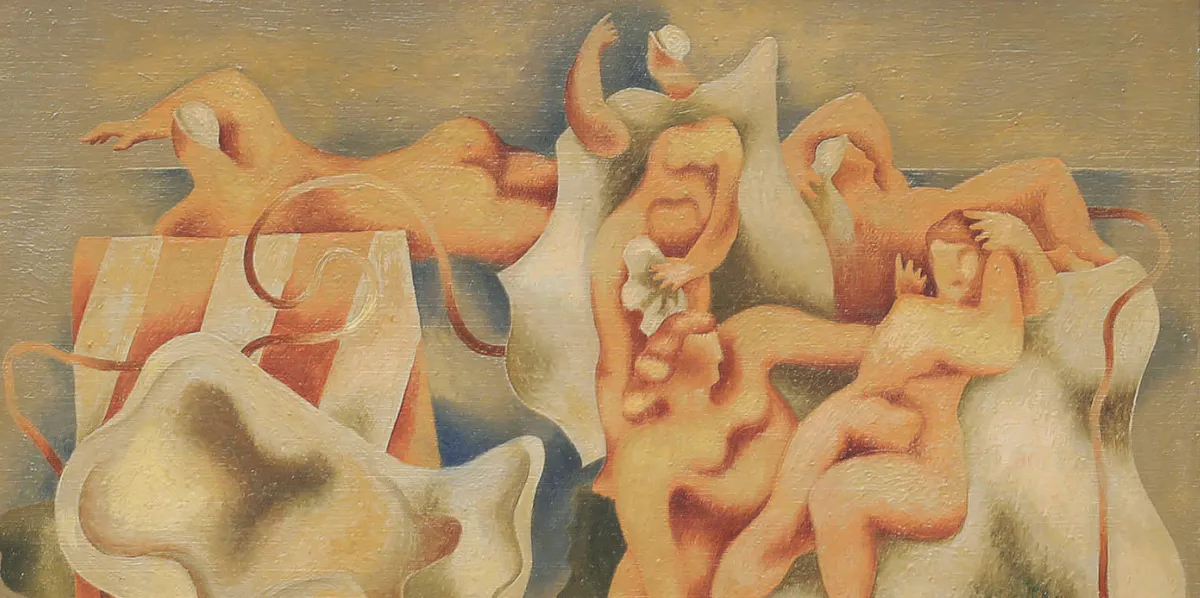 Erik Olson (1901-1986), ‘Badande kvinnor’, olja på duk, signerad 1931, utställningsetikett samt anteckningar a tergo, 38 x 46 cm, rammått 49 x 57 cm (detalj). Foto © Auktionskammaren i Vätterbygden