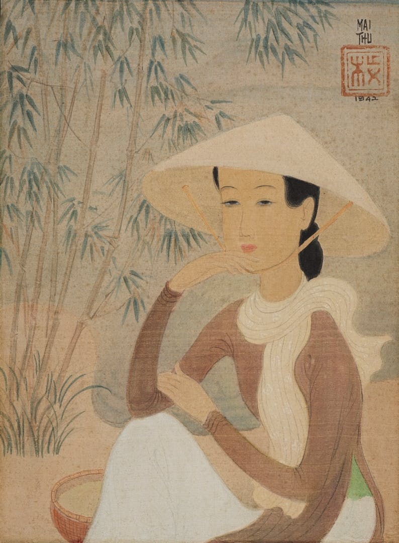 Mai Thu, “Young Woman at the Water's Edge”, 1942, watercolour and gouache on silk lined paper on cardboard. Photo © Rossini