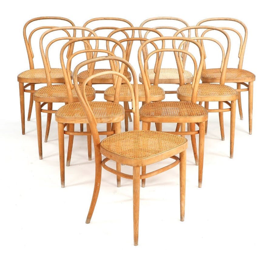 Michael Thonet (1796-1871), Set of ten ‘No. 14’ beech coffee chairs, woven rattan. Photo © Bruun Rasmussen
