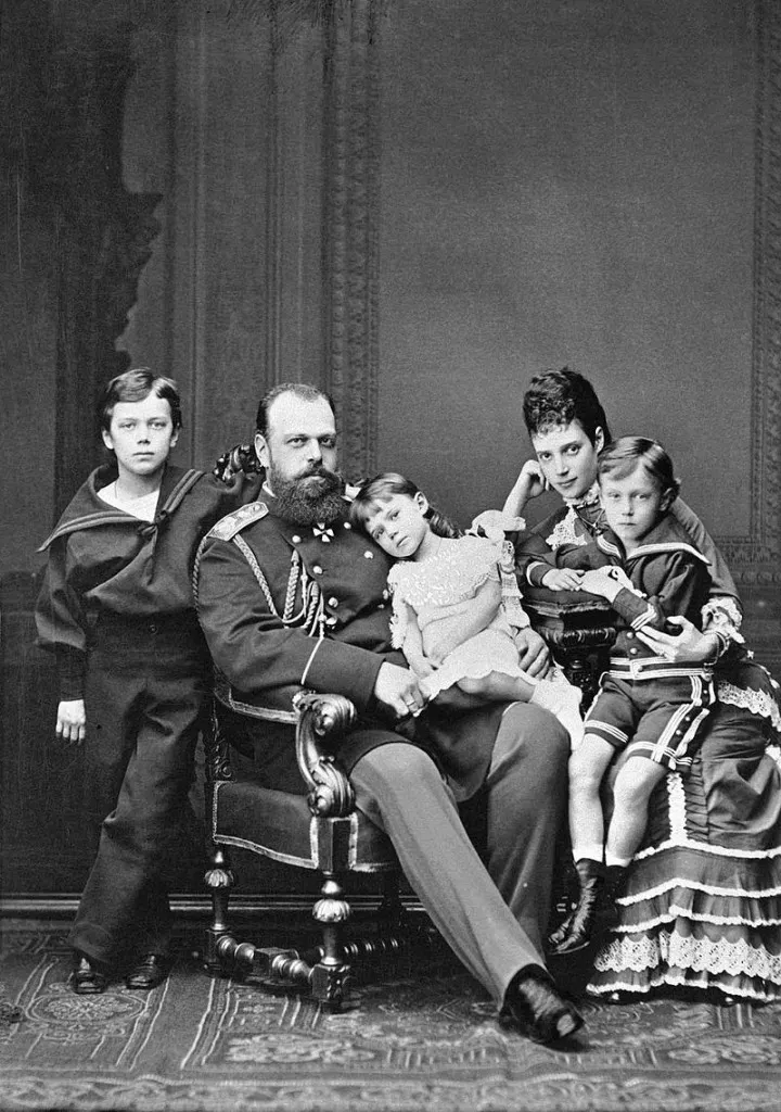 Tsar Alexander III, Tsarina Maria Feodorovna and their children Nicholas, Xenia and Georgi, 1878