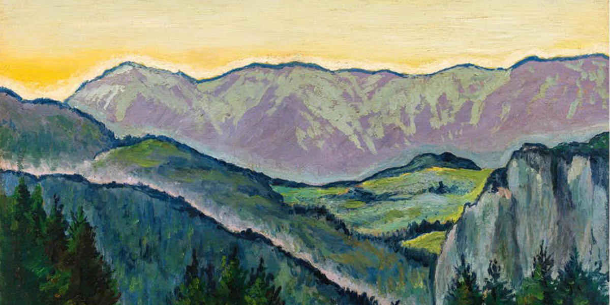 Koloman Moser (1868 Vienna -1918),’“View of the Rax from the Villa Mautner von Markhof’ (detail), oil on cardboard, monogrammed, c. 1913 | Photo: © AH im Kinsky