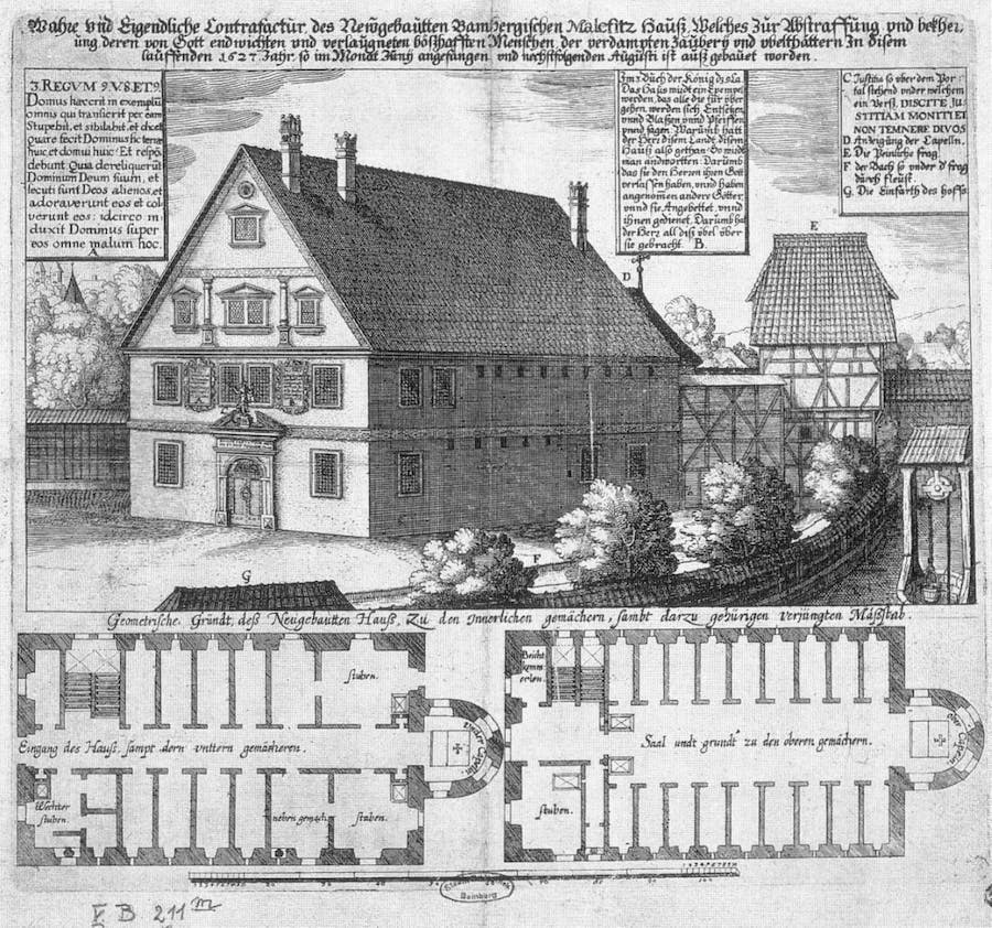 The city of Bamberg was a centre of witch-hunting. Between 1595 and 1631, around 900 people were accused of witchcraft and executed there. In 1627, a special witch prison was built, in the adjoining building of which the interrogations were carried out. Photo in the public domain