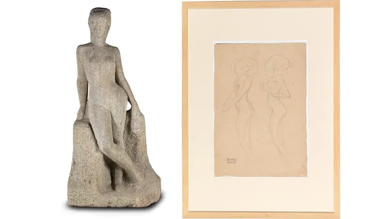 Izquierda: FRITZ WOTRUBA. "Große Stehende". Escultura en piedra caliza (1942) Derecha: GUSTAV KLIMT. Estudios sobre un desnudo femenino para la pintura "Irrlichter" (1903)