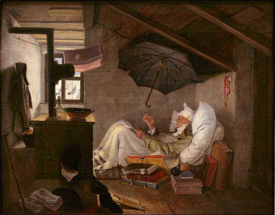 Carl Spitzweg, The Poor Poet, 1839, oil / canvas, 36 x 45 cm, Neue Pinakothek, Munich. Image in the public domain
