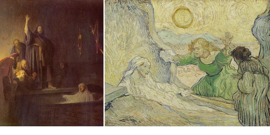 Left: Rembrandt van Rijn, The Raising of Lazarus, 1630/32, oil / oak, 96.4 x 81.3 cm, Los Angeles County Museum of Art. Right: Vincent van Gogh, The Raising of Lazarus, May 1890, oil / Canvas, 35.5 x 49.5 cm, Van Gogh Museum, Amsterdam. Photos in the public domain