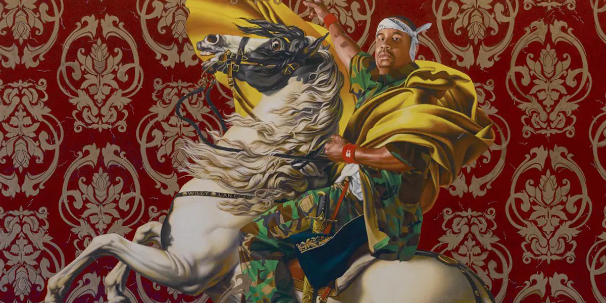 Kehinde Wiley (américain, né en 1977). Napoléon menant l'armée à travers les Alpes, 2005. Huile sur toile, 274,3 x 274,3 cm. Brooklyn Museum, don partiel de Suzi et Andrew Booke Cohen en mémoire d'Ilene R. Booke et en l'honneur d'Arnold L. Lehman, Mary Smith Dorward Fund, et William K. Jacobs, Jr. Fund , 2015.53. © artiste ou succession de l'artiste (Photo : Brooklyn Museum, 2015.53_framed_PS2.jpg)
