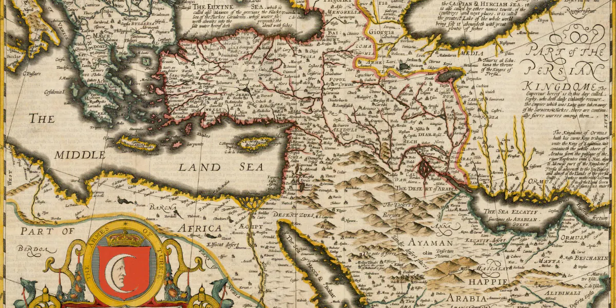 1626 map of the Turkish Empire, newly augmented by John Speed. Photo by Balkanique / Licence CC BY-SA 4.0 (detail)