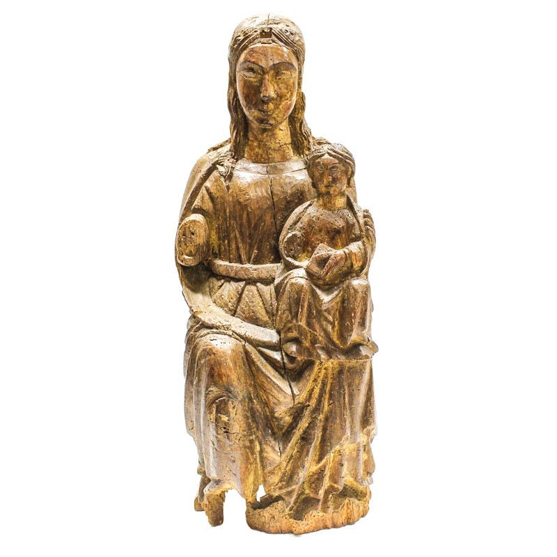 Escultura en madera tallada. &quot;Virgen con el Niño en Majestad&quot;. Escuela Española (siglo XIV-XV)