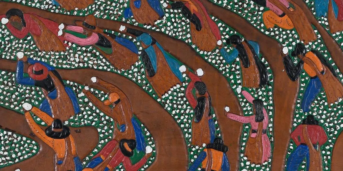 Winfred Rembert (American/Georgia, 1945-2021), Picking Cotton, inscribed bottom center "Winfred Rembert...REV", dye on carved and tooled leather, 28 x 27 in. Image © Brunk Auctions (detail)