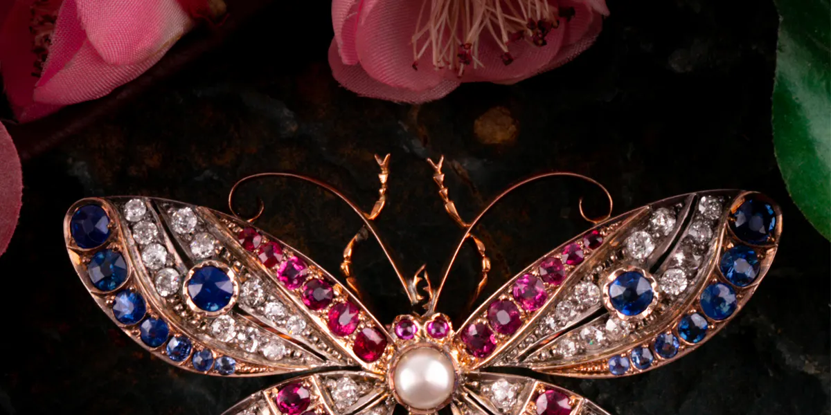 A diamond, ruby and sapphire butterfly brooch, late 19th/early 20th century [detail]. Photo © Dawsons