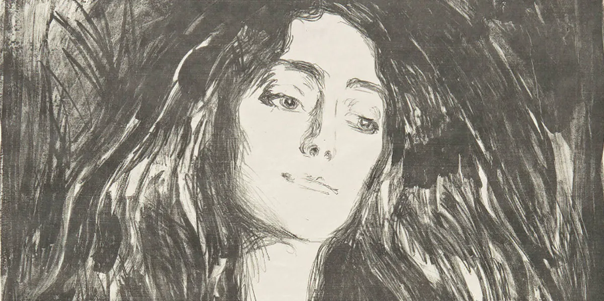 Edvard Munch, ‘Brosjen. Eva Mudocci’, litografi, 1903, signerad E Munch, 72 x 57 cm (detalj). Foto: Blomqvist