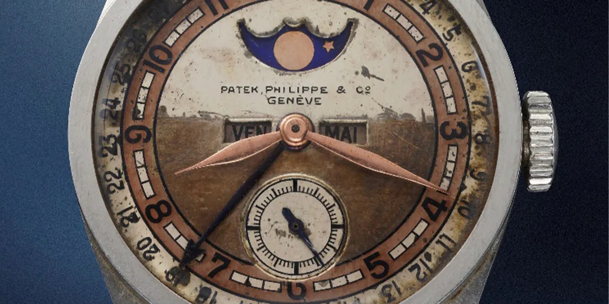 Il Patek Philippe Ref. 96 Quartieme Lune proveniente dall'ex tenuta dell'ultimo imperatore della Cina, Aisin-Gioro Puyi, sarà messo all'asta da Phillips a Hong Kong il 23 maggio. Foto © Phillips (dettaglio)