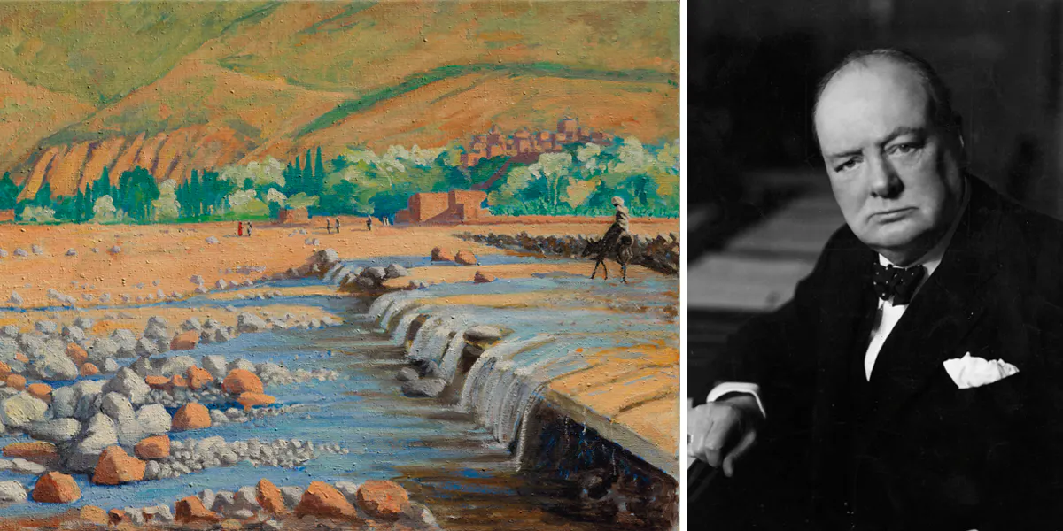 A sinistra: Sir Winston Churchill, ‘Scene at Marrakech’ [dettaglio], 1935, olio su tela. Parte del catalogo ‘Modern British Art Evening Sale’ 1 marzo presso Christie’s. A destra: Winston Churchill (1874-1965), novembre 1941 [dettaglio]. Foto di Walter Stoneman/Hulton Archive/Getty Images. Foto © Christie’s 
