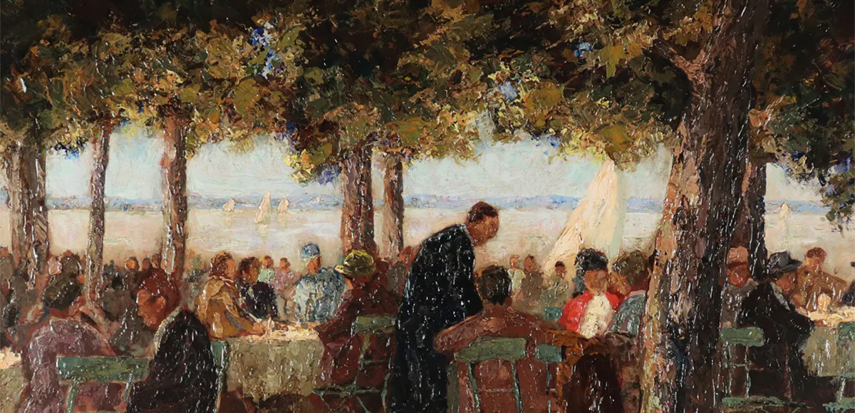 Otto Pippel (1878 Lodz - 1960 München), "Biergarten am Starnberger See", Öl/Pl., signiert, ca. 57 x 67 cm. Foto © Auktionshaus Franke (Detail)