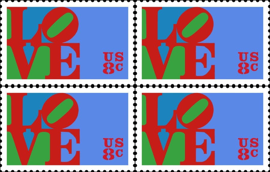 United States Postal Service 8c LOVE, stamp issued in 1973, designed by Robert Indiana, 26 January 1973. Image CCØ
