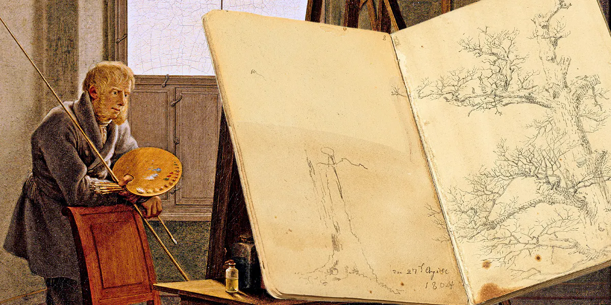Primo piano: Caspar David Friedrich (1774 Greifswald - 1840 Dresda), Karlsruhe Skizzenbuch, 1804, quaderno di schizzi con 20 fogli di pergamena, di cui 33 pagine di disegni a matita in parte lavati in seppia, alcune pagine firmate e datate dall'artista, circa 18,4 x 11,8 cm. Foto © Grisebach (dettaglio). Sfondo: Georg Friedrich Kersting (1785-1847), Caspar David Friedrich nel suo studio, 1819. foto di pubblico dominio (dettaglio) / collage