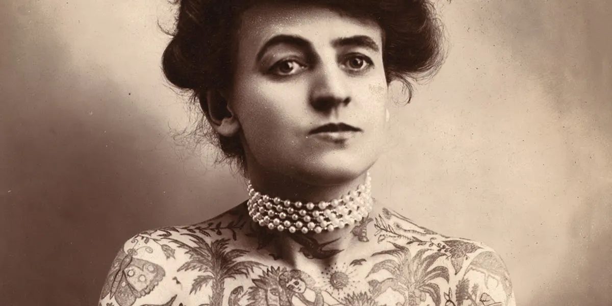 Maud Stevens Wagner, trapéziste et première femme tatoueuse connue des États-Unis, vers 1907, image CCØ (détail)