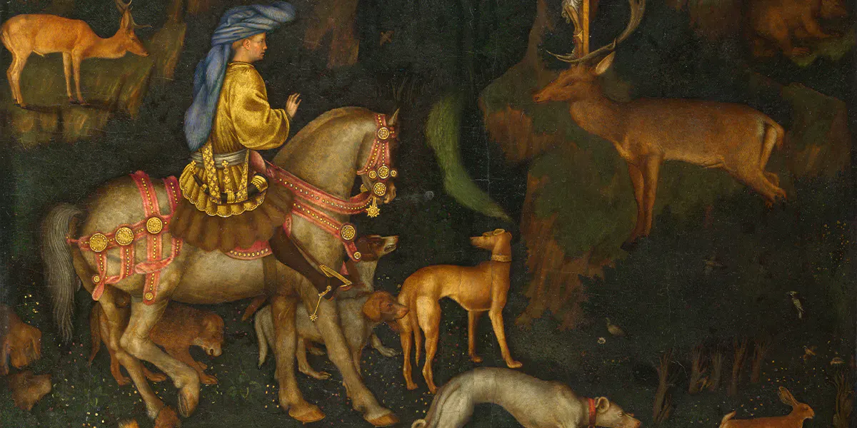 Antonio Pisanello, Vision of St Eustathius, 1436-38, tempera/wood, 53 x 65 cm, National Gallery, London. Image public domain (detail)