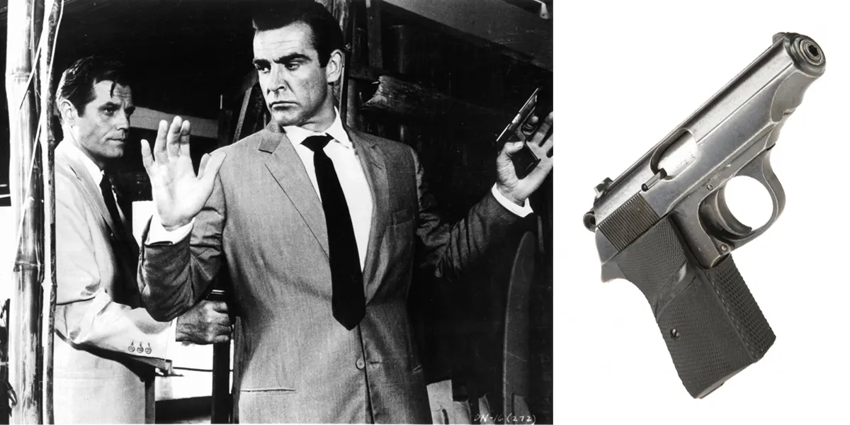 Left: Sean Connery held at gunpoint by Jack Lord in a scene from the film 'James Bond: Dr. No', 1962 [detail]. Photo by United Artist/Getty Images. Right: Bond’s first gun depicted on screen: a Walther PP handgun, used by Sean Connery in ‘Dr. No’. Photo: Julien’s Auctions