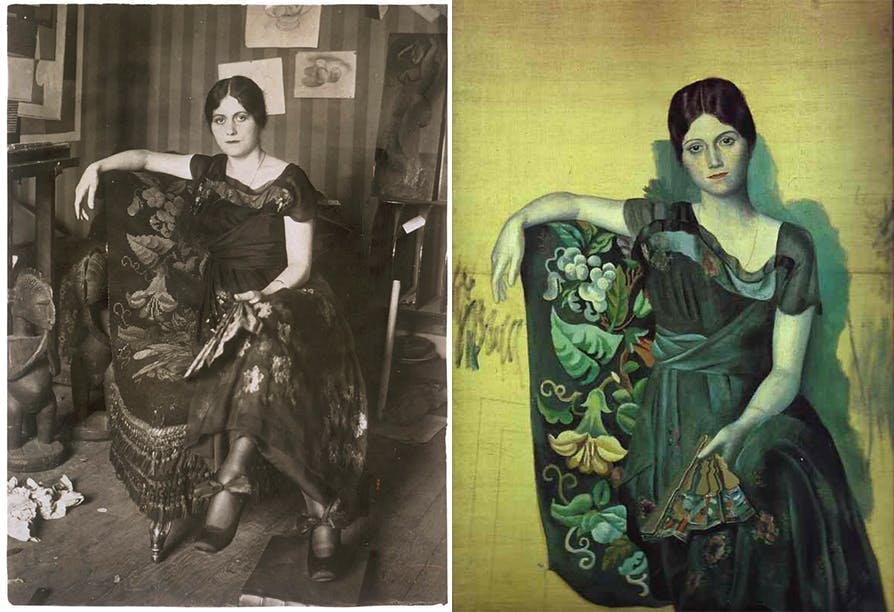 Gauche : Olga Chochlowa dans l'atelier de Picasso, Montrouge, printemps 1918, image CCØ / Droite : Pablo Picasso, portrait d'Olga assis sur un fauteuil, 1917, image © pablo-ruiz-picasso.net