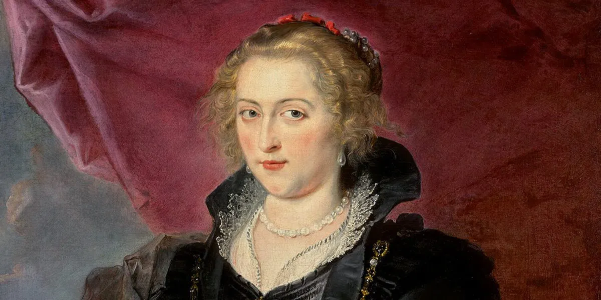Peter Paul Rubens, ‘Portrait of a Lady’, three-quarter view, wearing an elegant black dress and a coat, in front of a red curtain and a distant landscape [detail], oil on canvas, image © Sotheby's